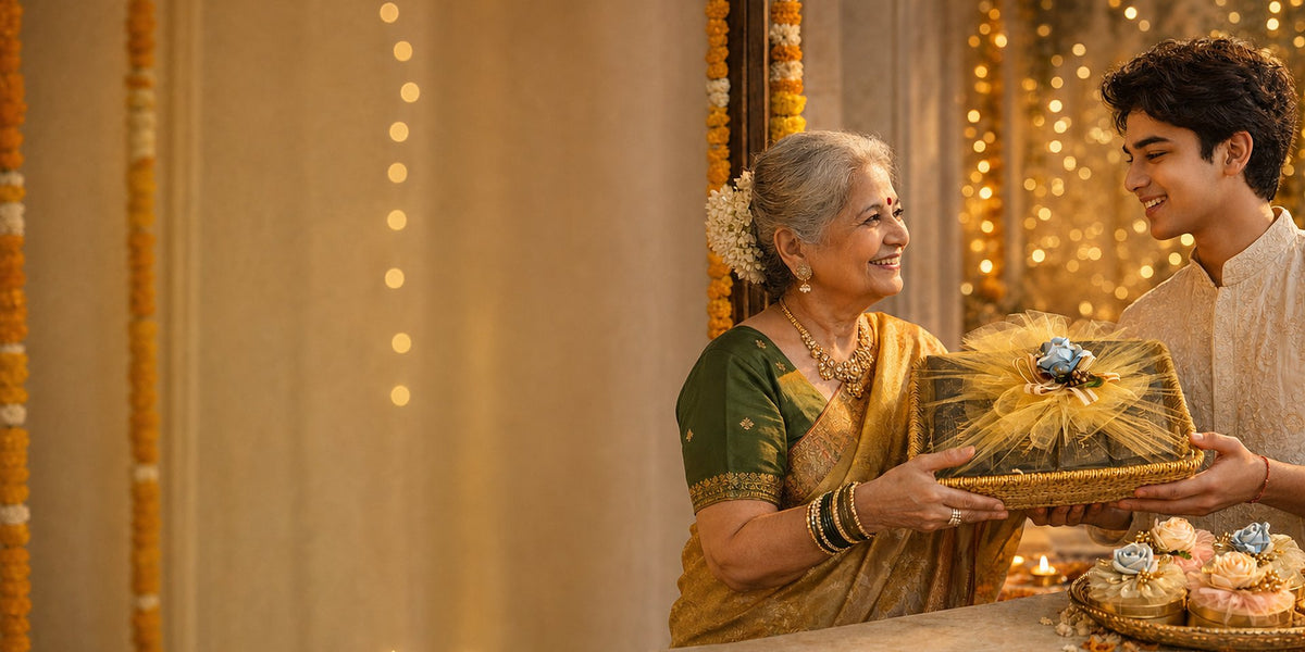 Grandmother and grandson exchanging a Yo Indulge gift hamper at Diwali