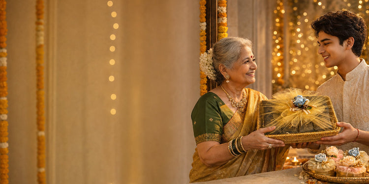 Grandmother and grandson exchanging a Yo Indulge gift hamper at Diwali